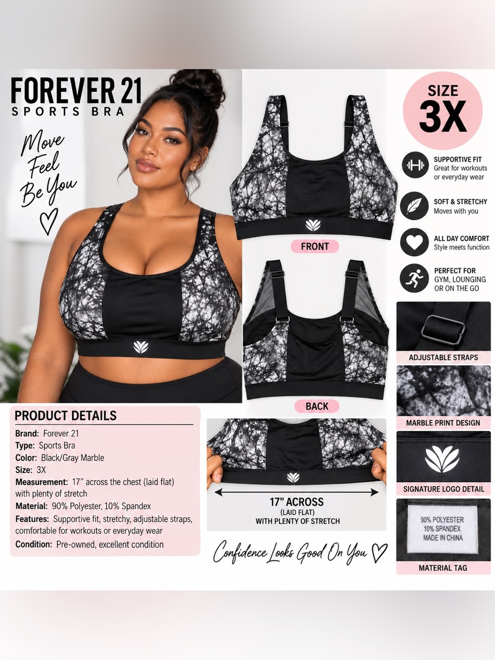 FOREVER 21 MARBLE PADDED SPORTS BRA - BLACK/GRAY SIZE 3X (NEW WITH TAGS) A4